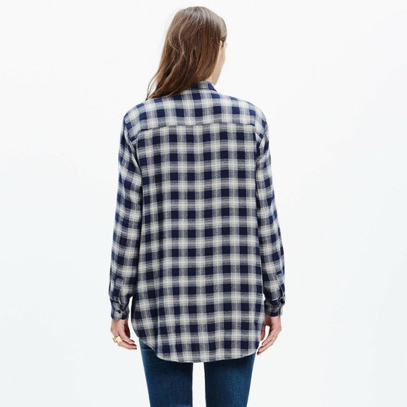 Madewell Andover Blue & Gray Flannel Oversized Boyshirt Plaid Button Up Top XXS - Picture 3 of 6